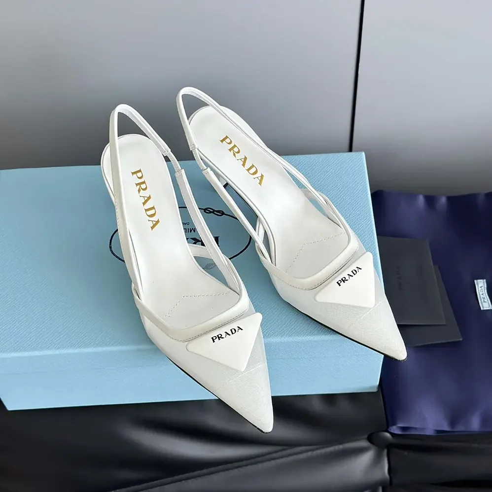 Prada Mesh Fabric Slingback Pumps for Women in White Prada Mesh Fabric Slingback Pumps for Women in White