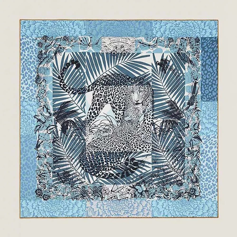 Hermes Jungle Love Stamped Scarf 70 in Silk Twill with Hand-Rolled Edges for Women in Blue