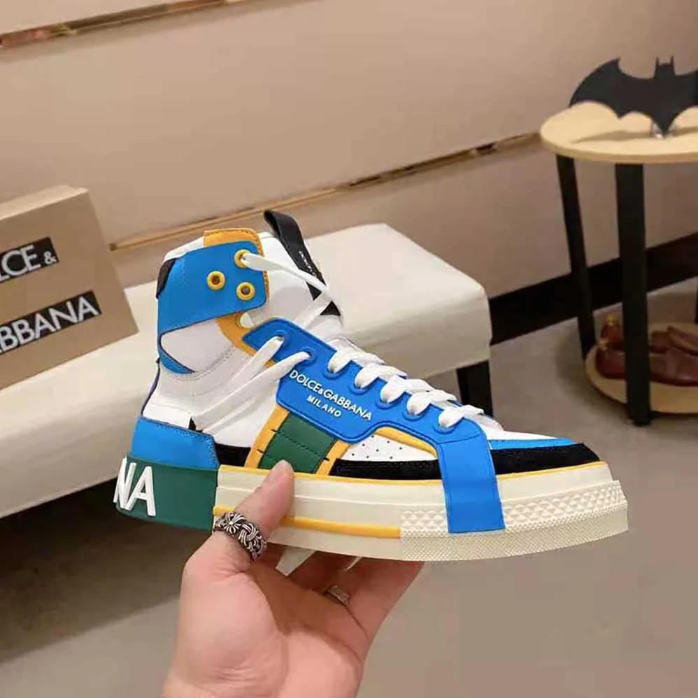 Dolce Gabbana D&G Calfskin Custom 2.Zero High-Top Sneakers with Contrasting Details for Men in Blue