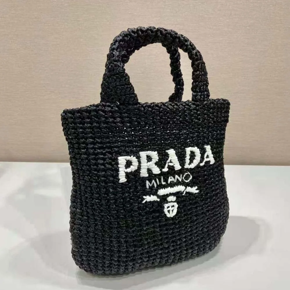 Prada Small Raffia Tote Bag for Women in Black Prada Small Raffia Tote Bag for Women in Black