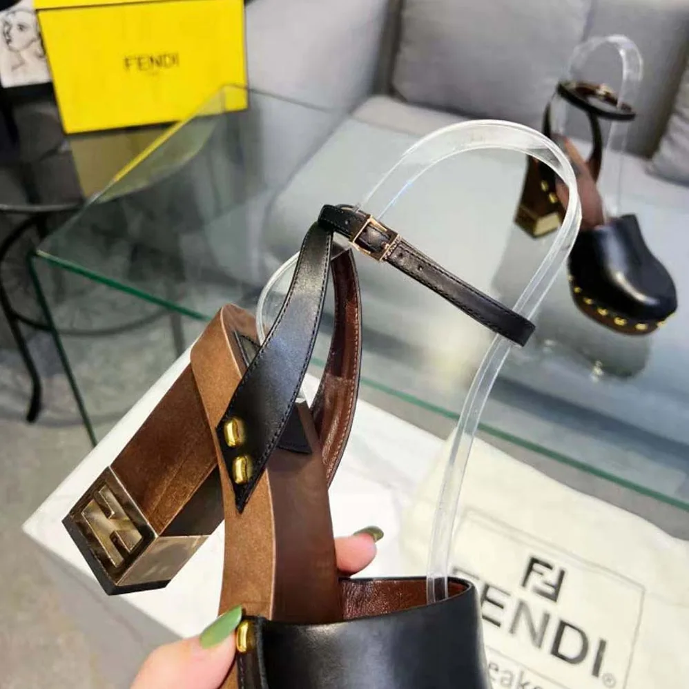 Fendi Baguette Show Black Leather High for Women in Heeled Clogs