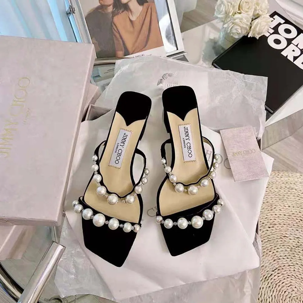 Jimmy Choo Amara 45 Black Suede Mules with Pearl Embellishment for Women Jimmy Choo Amara 45 Black Suede Mules with Pearl Embellishment for Women