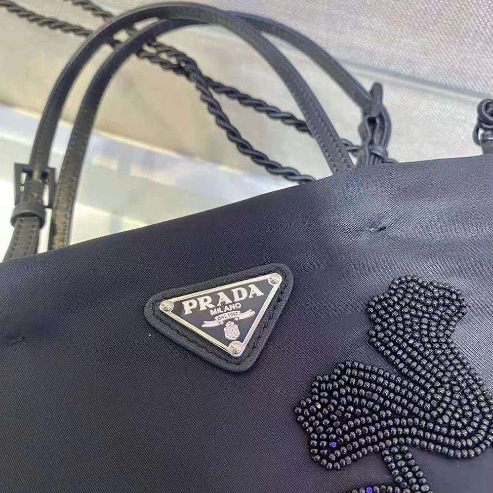 Prada Embroidered Nylon Handbag for Women in Black