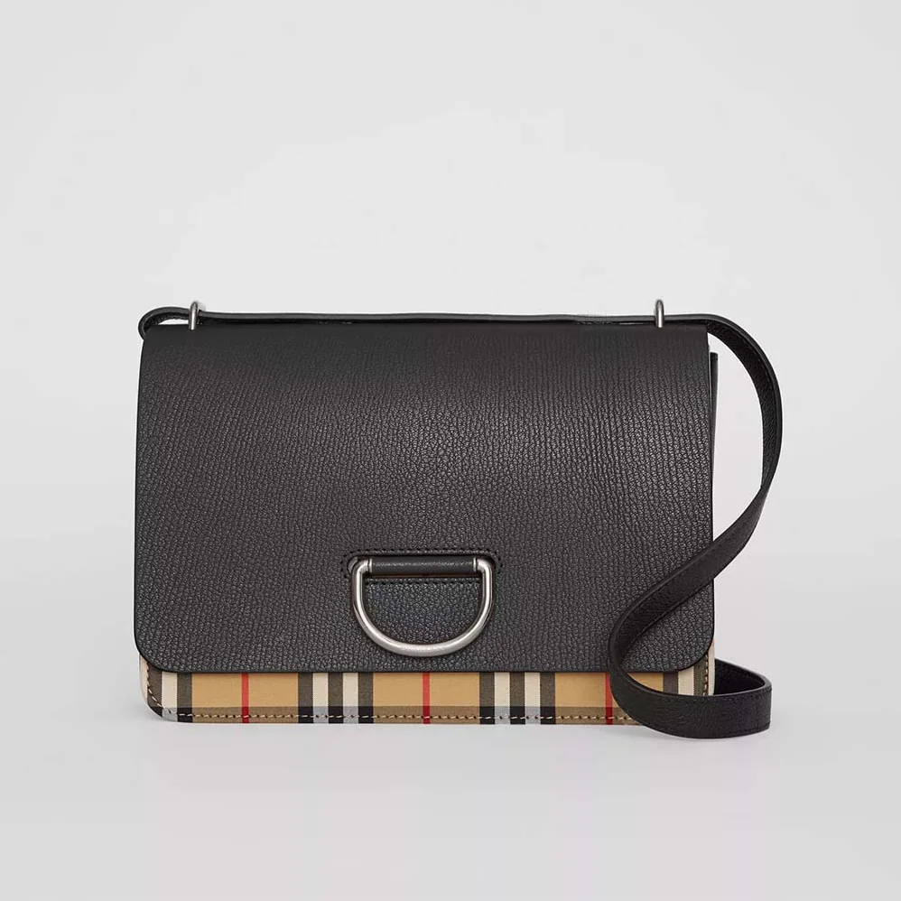 Burberry The Medium Vintage Check Leather D-Ring Bag for Women in Black