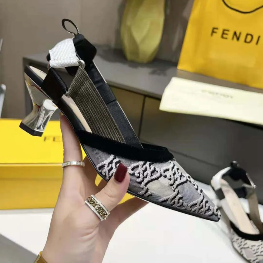 Fendi Colibri Gray Mesh and Embroidery High for Women in Heeled Slingbacks Fendi Colibri Gray Mesh and Embroidery High for Women in Heeled Slingbacks