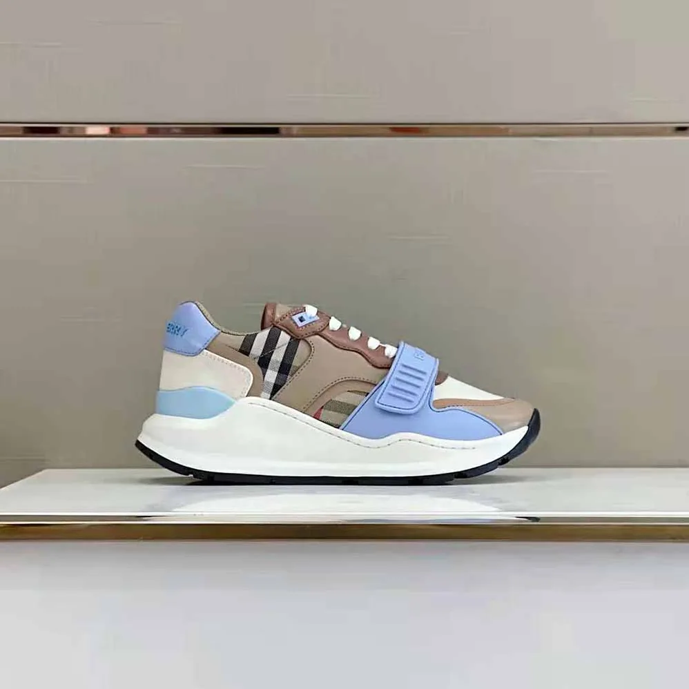 Burberry Check Cotton Canvas and Leather Sneakers for Women in Blue Burberry Check Cotton Canvas and Leather Sneakers for Women in Blue