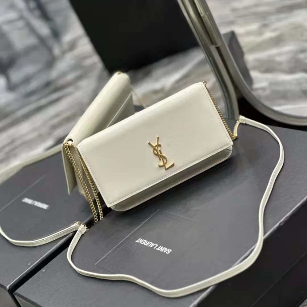 Saint Laurent YSL Cassandre Phone Holder with Strap in Smooth Leather for Women in White Saint Laurent YSL Cassandre Phone Holder with Strap in Smooth Leather for Women in White