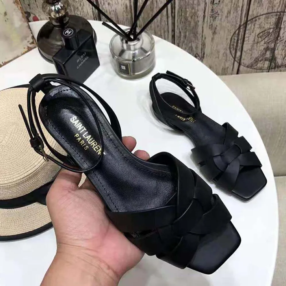 Saint Laurent YSL Tribute Flat Sandals in Smooth Leather for Women Saint Laurent YSL Tribute Flat Sandals in Smooth Leather for Women