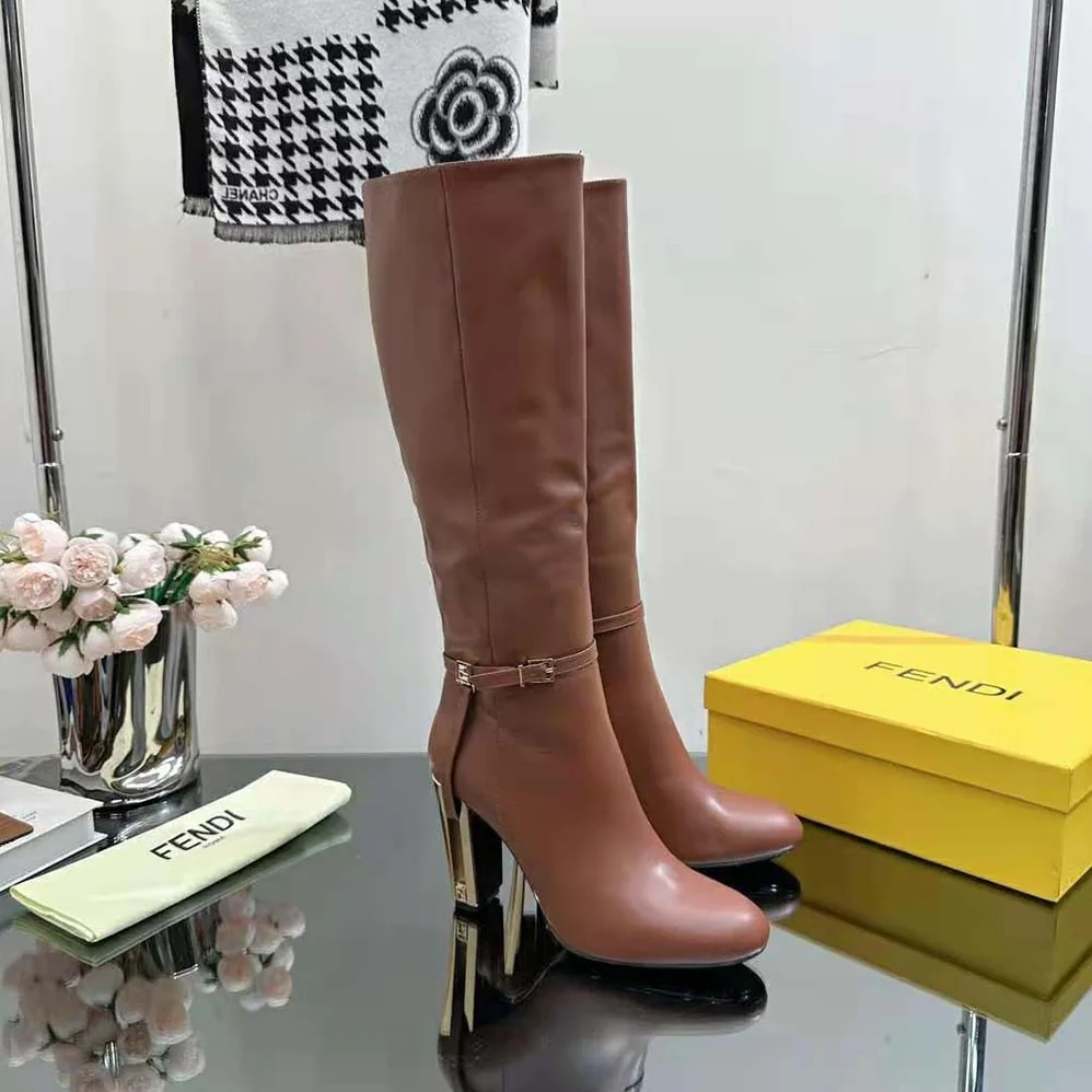 Fendi Delfina Leather High-heeled Boots for Women in Brown Fendi Delfina Leather High-heeled Boots for Women in Brown