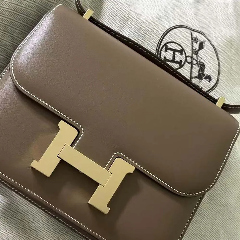 Hermes Constance 19 Bag Box Calf Leather for Women in Grey/Gold