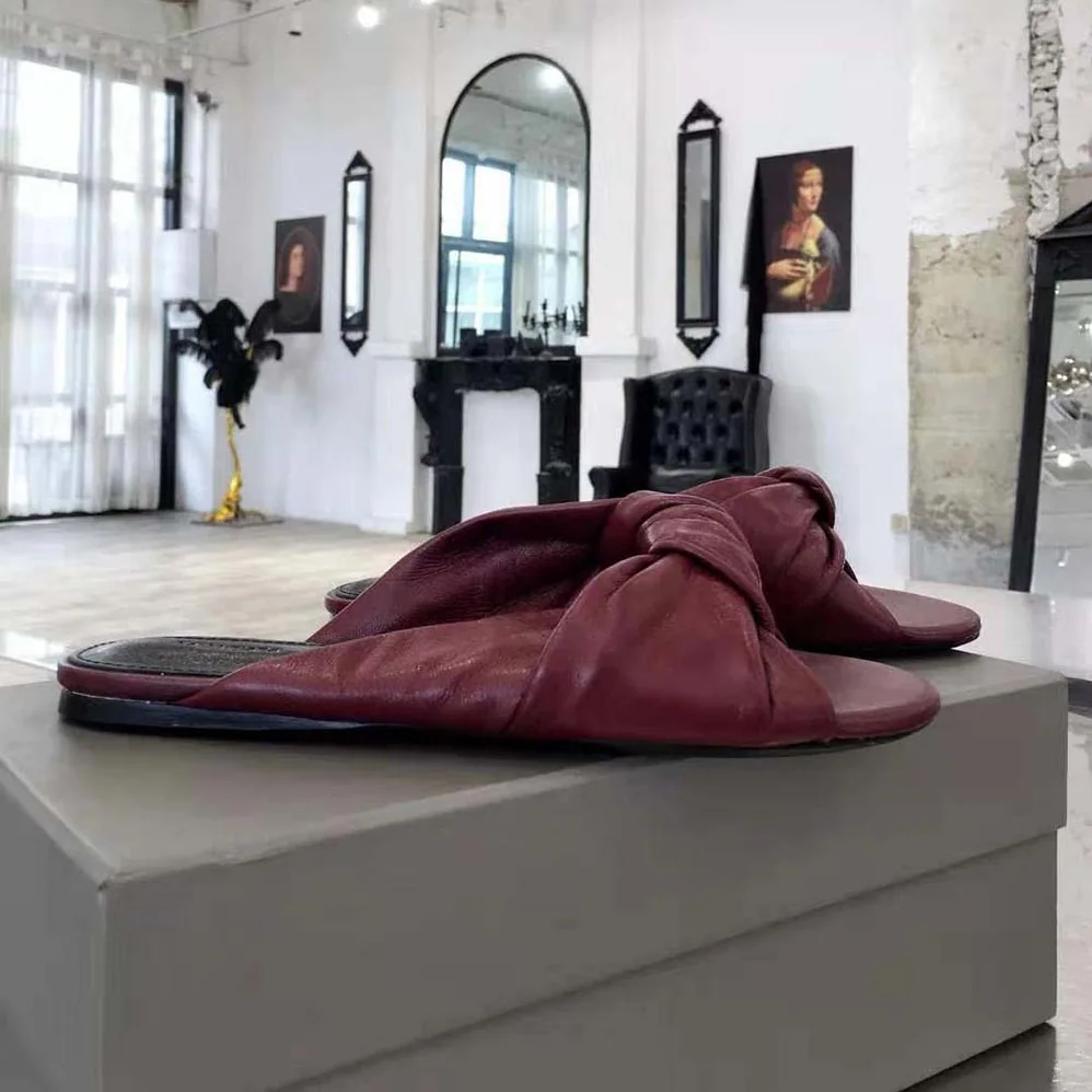Balenciaga Drapy Flat Sandal in Dark Red Smooth Nappa Lambskin for Women