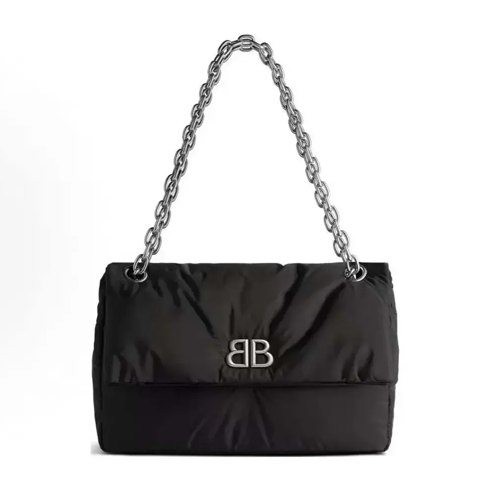 Balenciaga Monaco Large Chain Bag in Black for Women in Silver Arena Calfskin Balenciaga Monaco Large Chain Bag in Black for Women in Silver Arena Calfskin