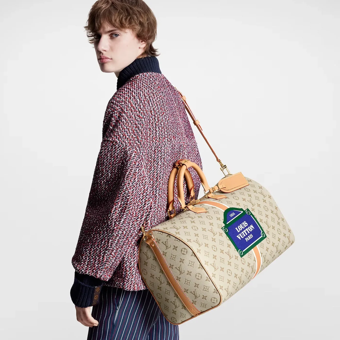 Louis Vuitton Keepall Bandouliere 45 Travel Bag in Beige Gold Hardware Louis Vuitton Keepall Bandouliere 45 Travel Bag in Beige Gold Hardware