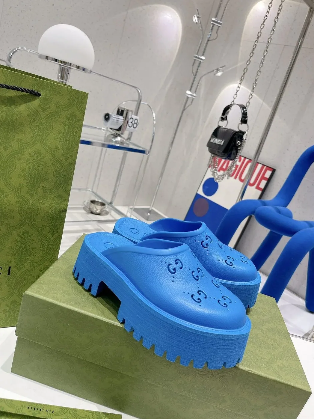 Gucci Platform Perforated G Sandal Light Blue for Women Gucci Platform Perforated G Sandal Light Blue for Women