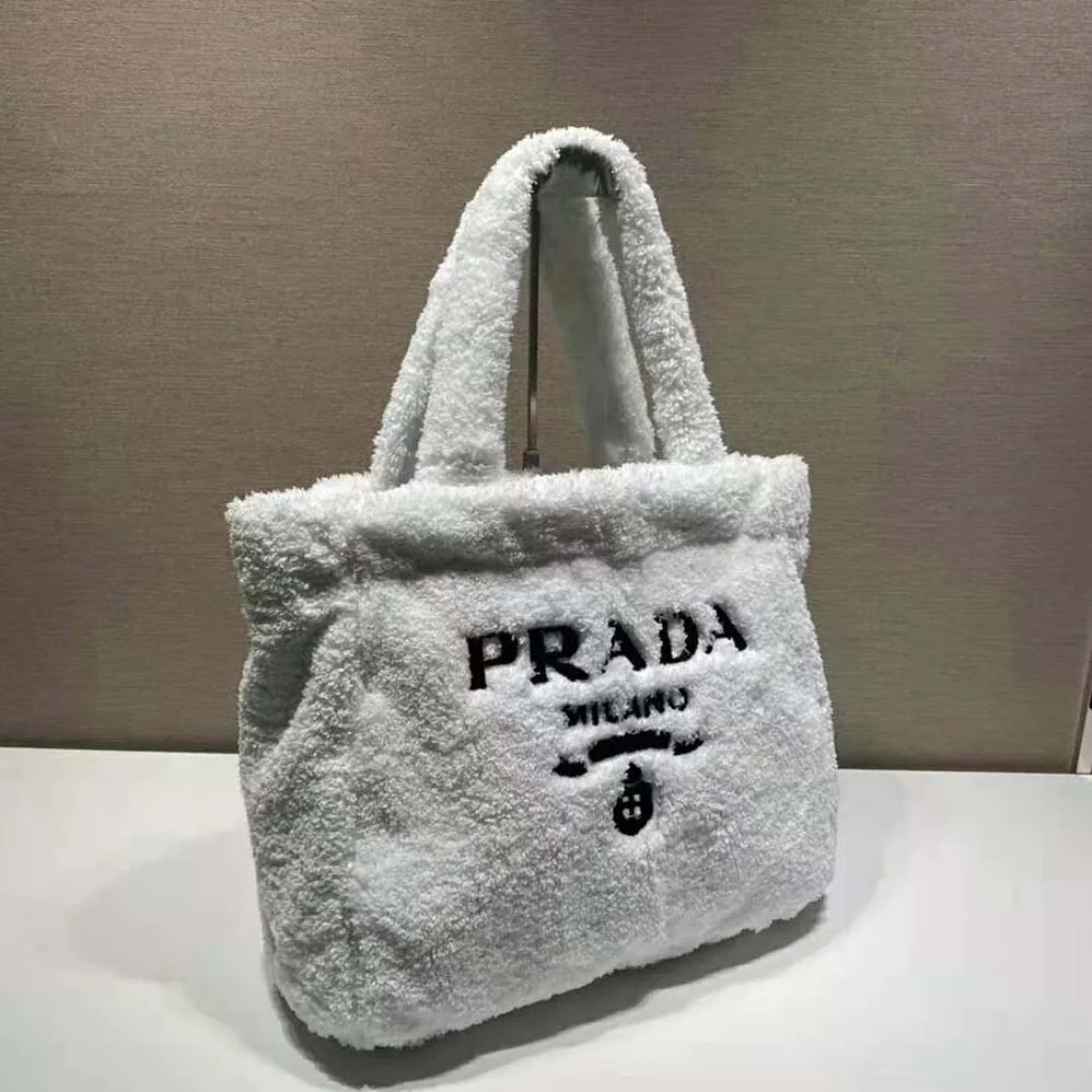 Prada Enameled Metal Triangle Logo Terry Tote Bag for Women in White