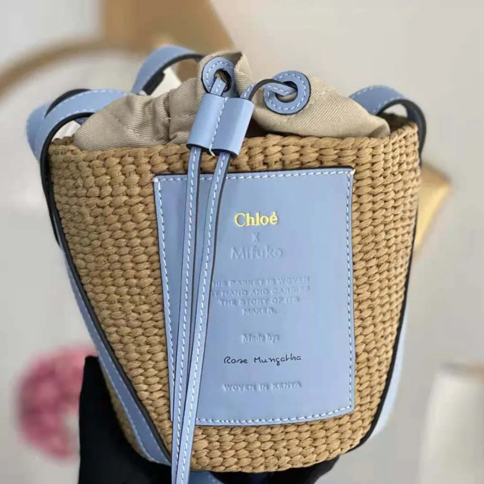 Chloe Small Basket in Fair-Trade Paper and Shiny Calfskin for Women in Blue Chloe Small Basket in Fair-Trade Paper and Shiny Calfskin for Women in Blue