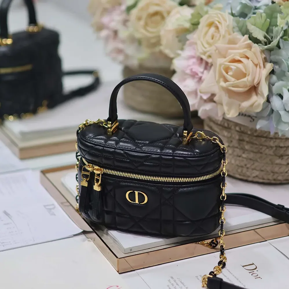 Dior Caro Mini Vanity Case Black Macrocannage Lambskin for Women