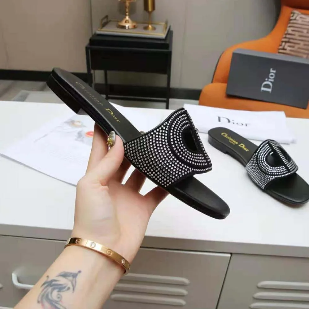 Dior D-Club Slide Black Suede Calfskin with Silver for Women in Finish Strass