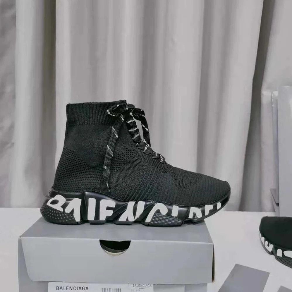 Balenciaga Speed Lace up Graffiti Sneaker in Black for Women in White Balenciaga Speed Lace up Graffiti Sneaker in Black for Women in White