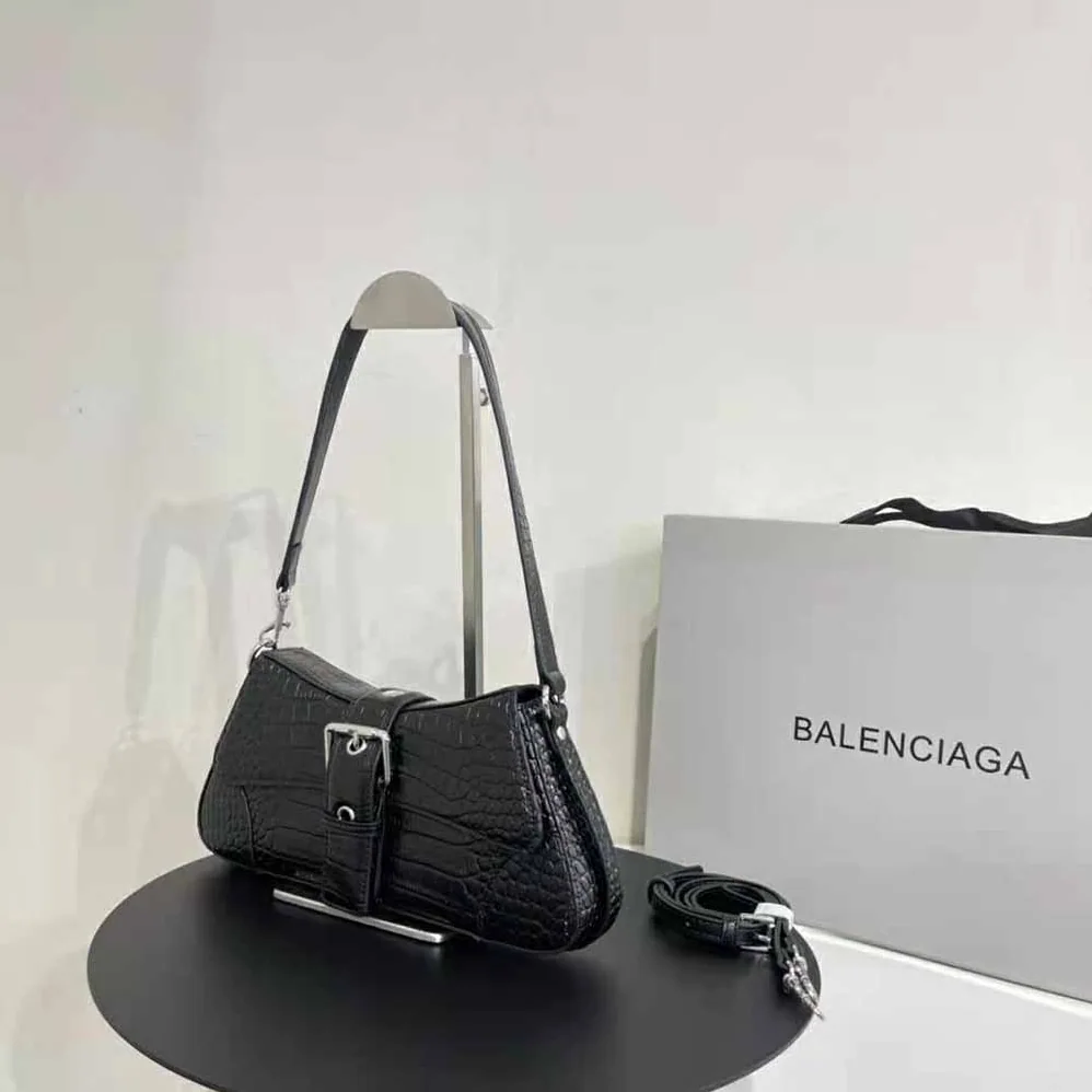 Balenciaga Lindsay Small Shoulder Bag with Strap Crocodile Embossed for Women in Black