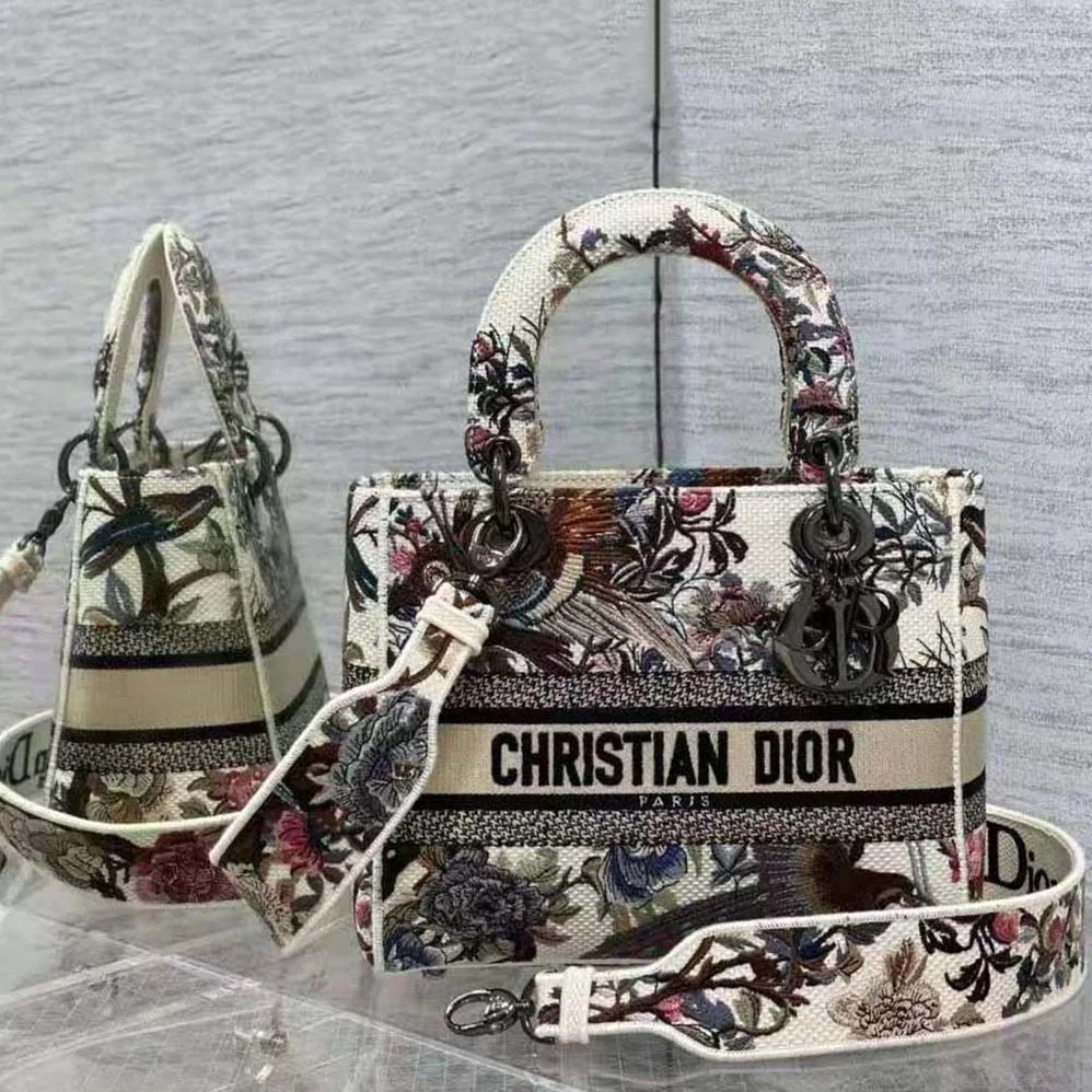 Dior Medium Lady D-lite Bag Ecru Multicolor Dior Jardin D'Hiver Embroidery for Women