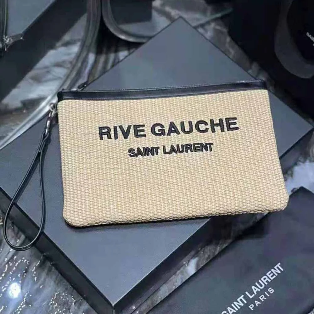 Saint Laurent YSL Rive Gauche Zippered Pouch in Embroidered Raffia and Leather for Women