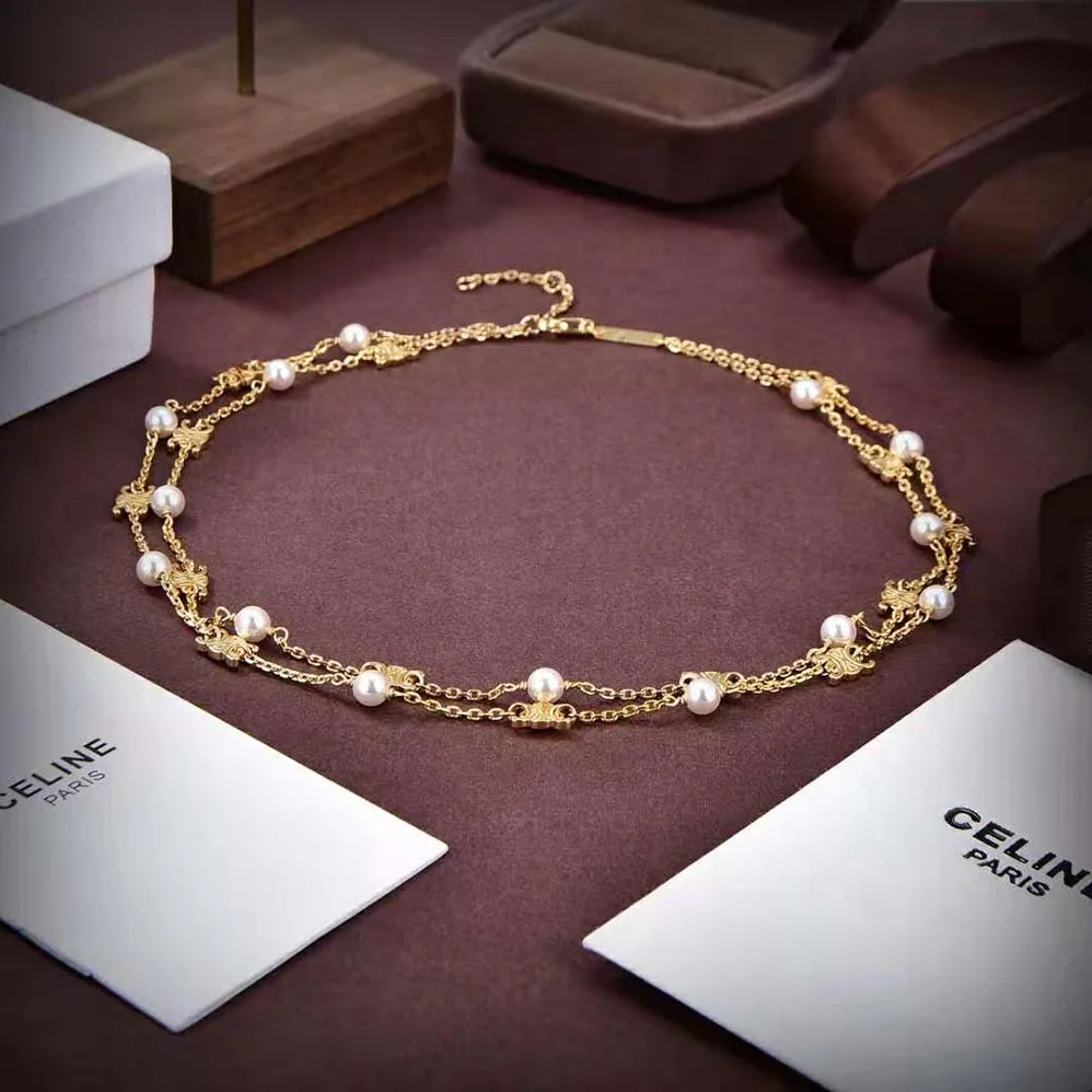 Celine Triomphe Pearl Double Necklace in Brass with Gold Finish and Resin Pearls for Women