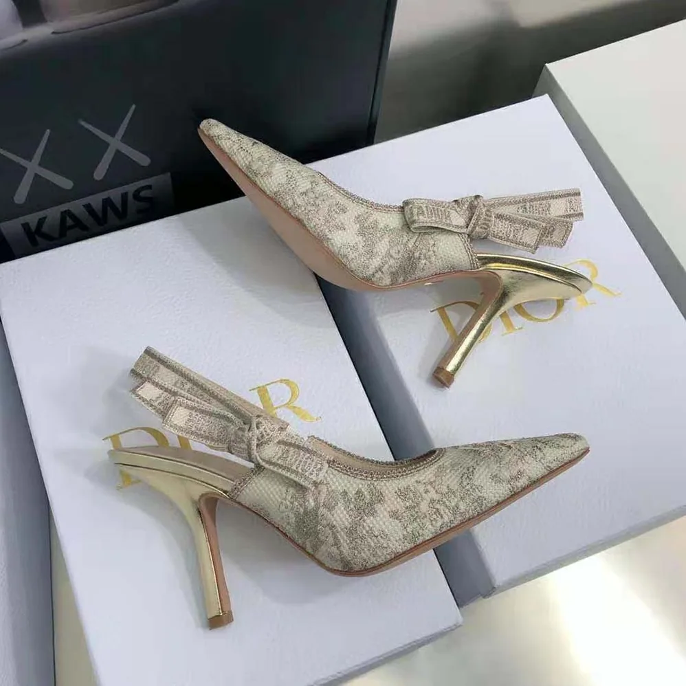 Dior J adior Slingback Pump White and Gold-Tone Toile de Jouy Embroidered Cotton for Women