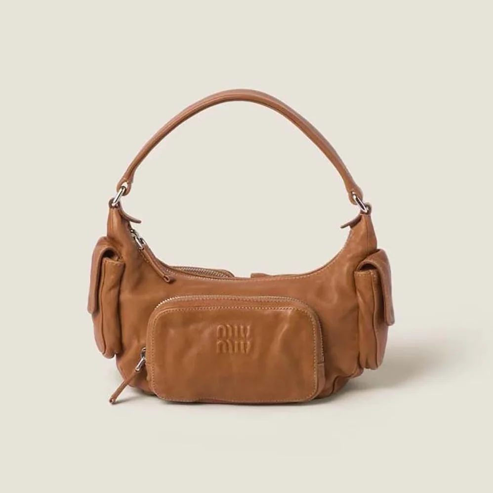 Miu Miu Pocket Nappa Leather Bag with Embossed Lettering Logo for Women in Brown Miu Miu Pocket Nappa Leather Bag with Embossed Lettering Logo for Women in Brown
