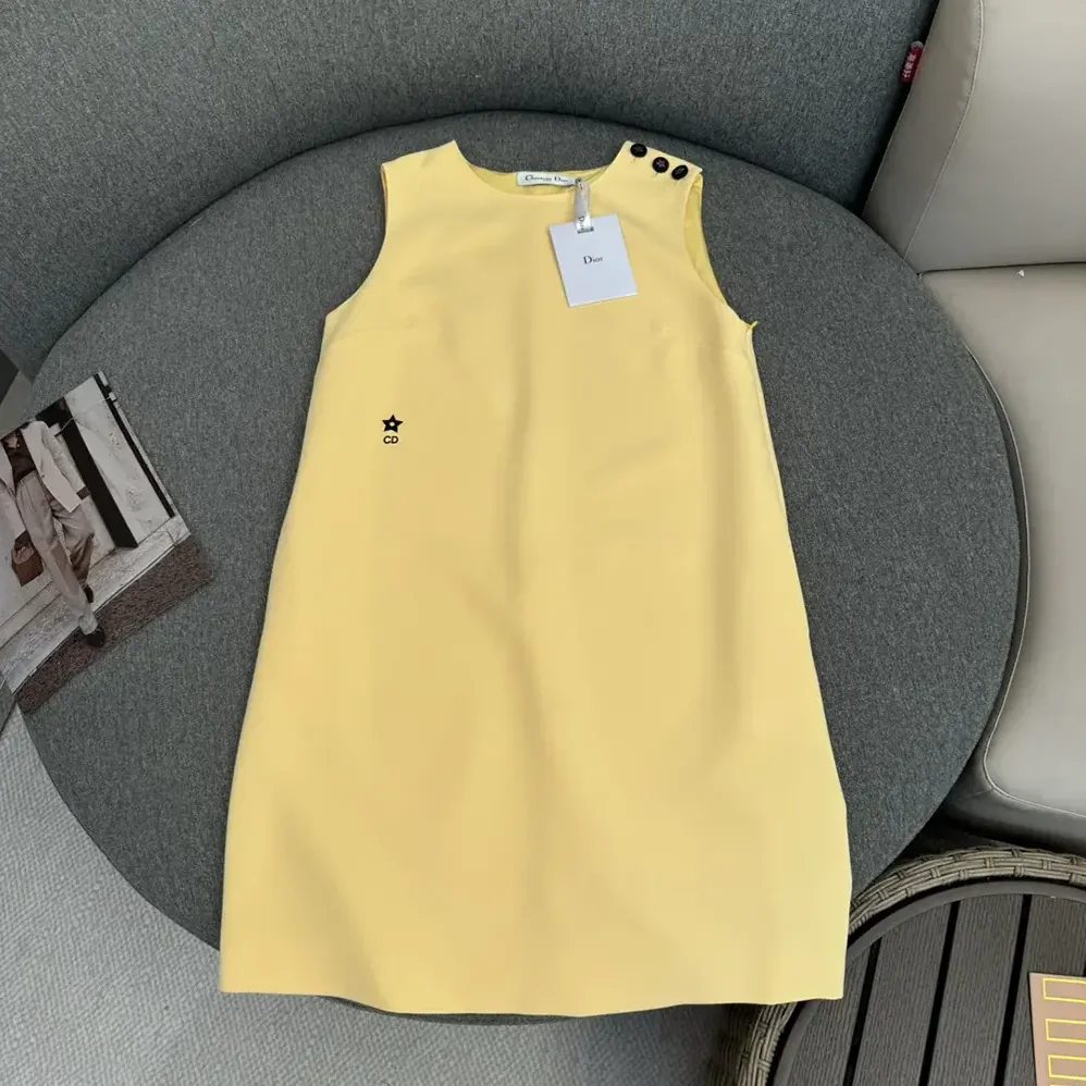 Dior Dioriviera Straight Dress Lemon Yellow Wool and Silk for Women Dior Dioriviera Straight Dress Lemon Yellow Wool and Silk for Women