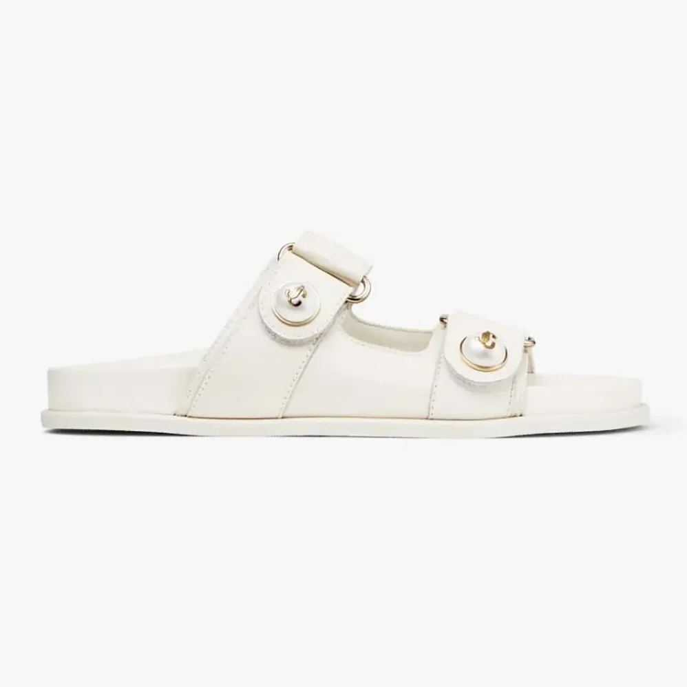 Jimmy Choo Fayence Sandal Latte Leather Flat Sandals with Pearl Embellishment for Women