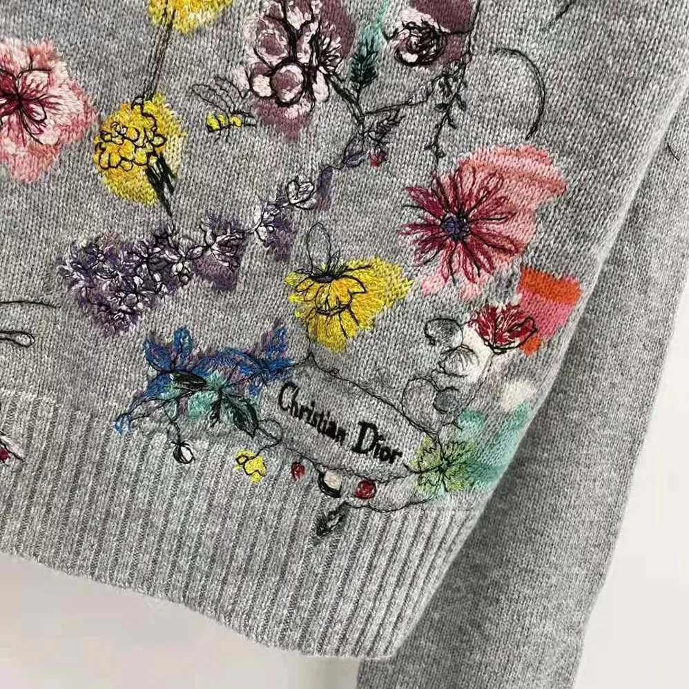 Dior Embroidered Sweater Gray Cashmere Knit with Red Multicolor Florilegio Motif for Women Dior Embroidered Sweater Gray Cashmere Knit with Red Multicolor Florilegio Motif for Women