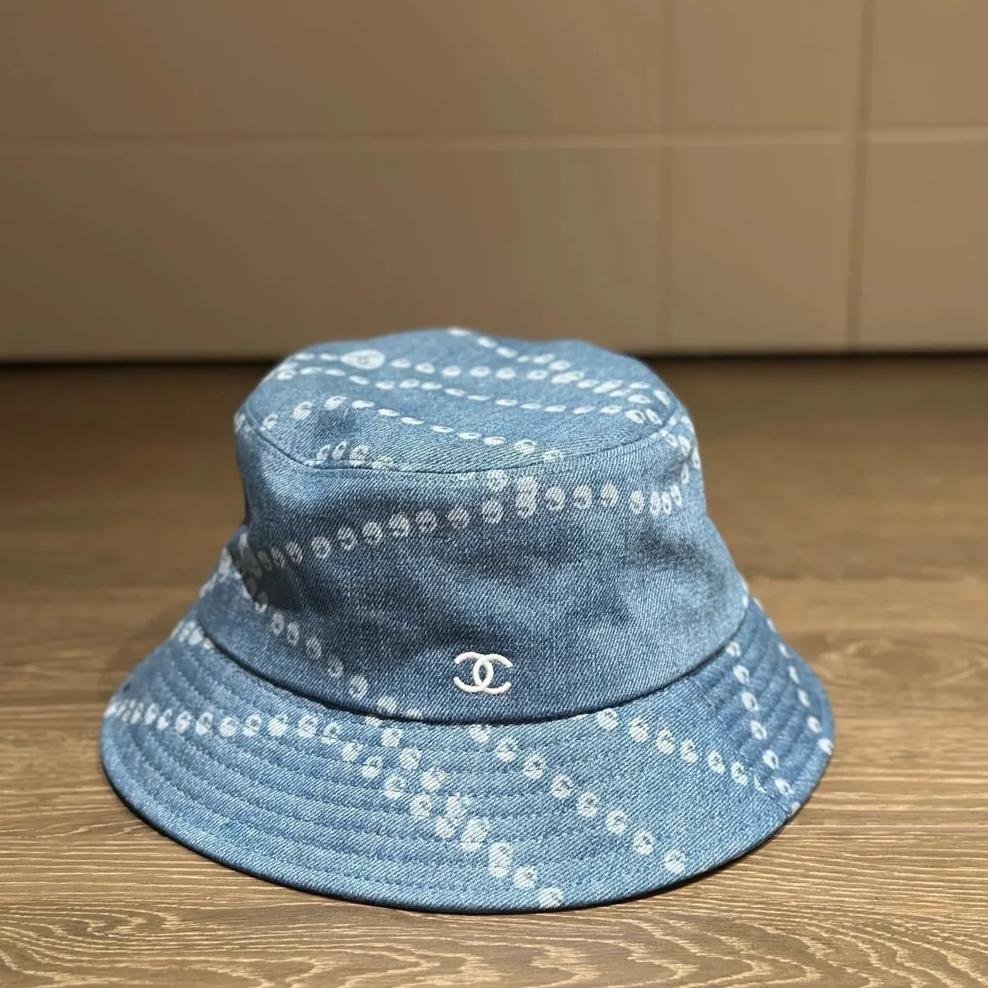 Chanel Pearl Print Bucket Hat Blue Denim Chanel Pearl Print Bucket Hat Blue Denim