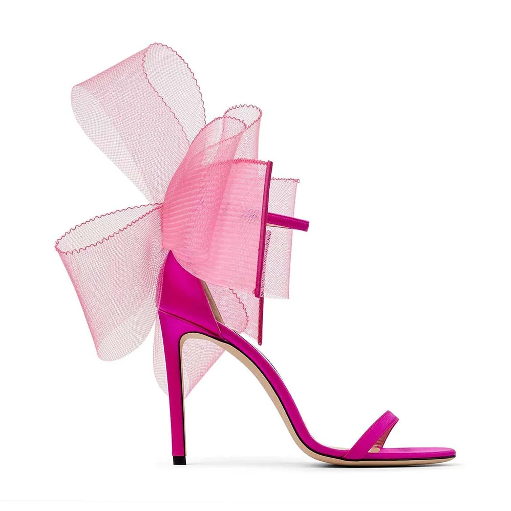Jimmy Choo Aveline 100 Fuchsia Sandals with Asymmetric Grosgrain Mesh Fascinator Bows for Women