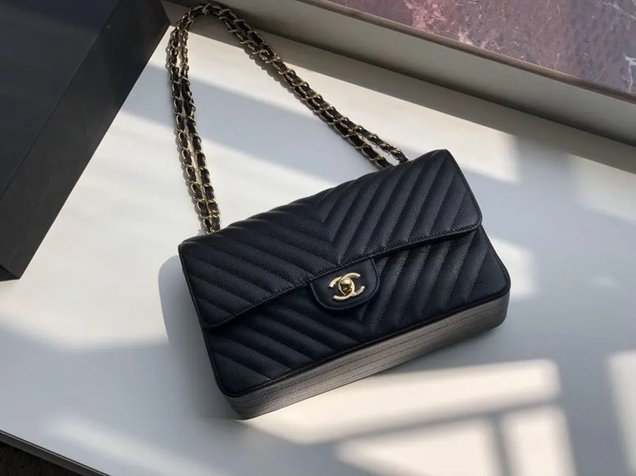 Chanel Chevron Classic Flap Medium Crossbody Bag in Black Gold Toned Hardware