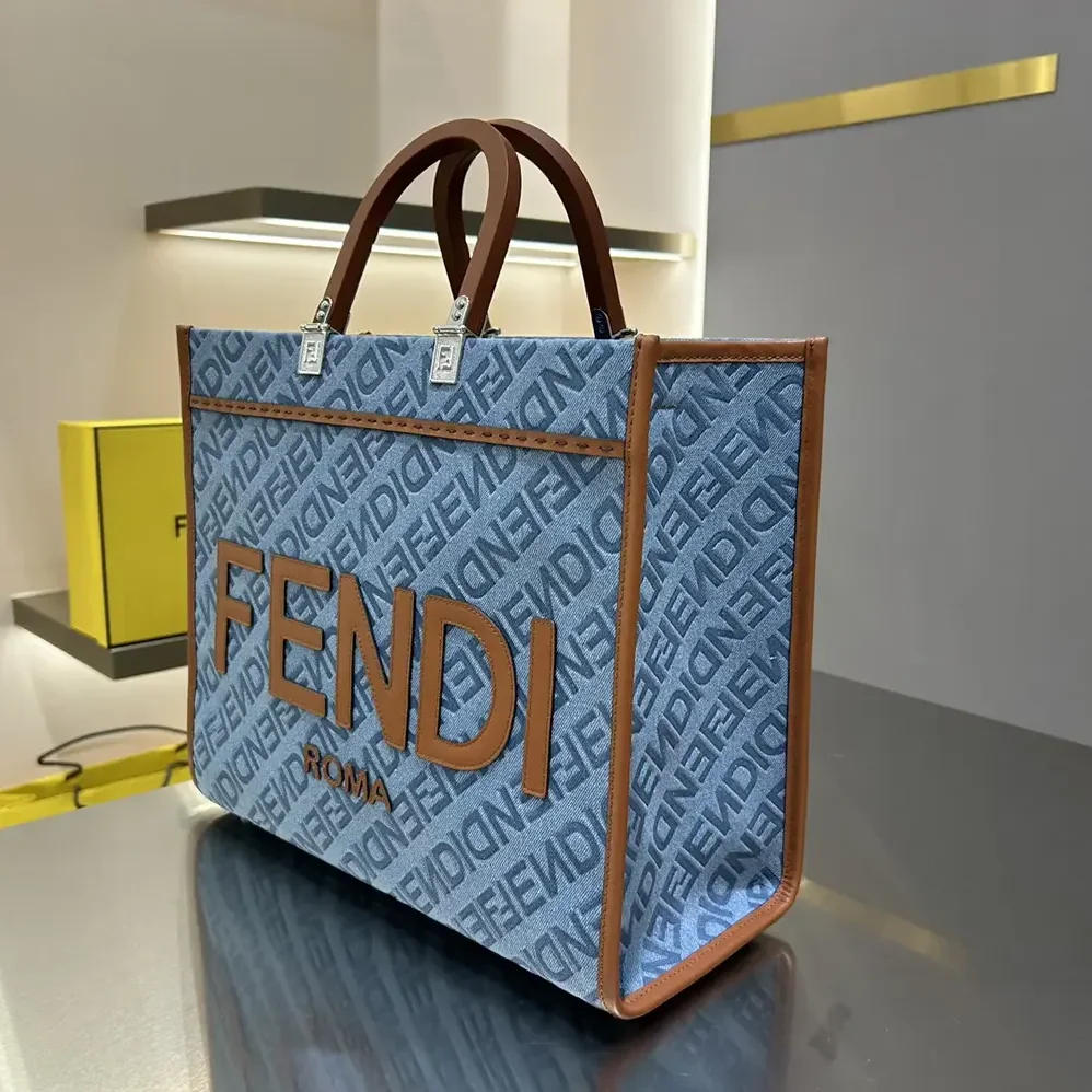 Fendi Sunshine Medium Light Blue Denim Shopper Bag for Women