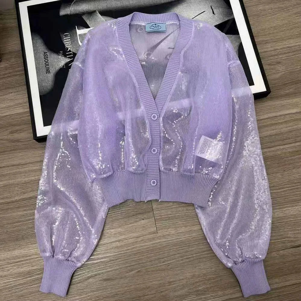 Prada Sequin-Embroidered Tulle Crop Top for Women in Purple Prada Sequin-Embroidered Tulle Crop Top for Women in Purple