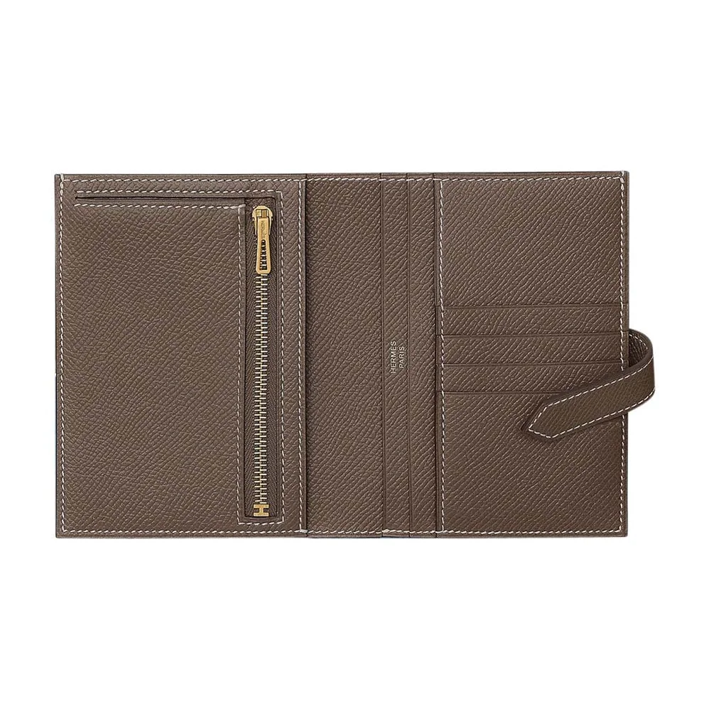 Hermes Bearn Compact Wallet Etoupe Gold Hardware Epsom Leather for Men
