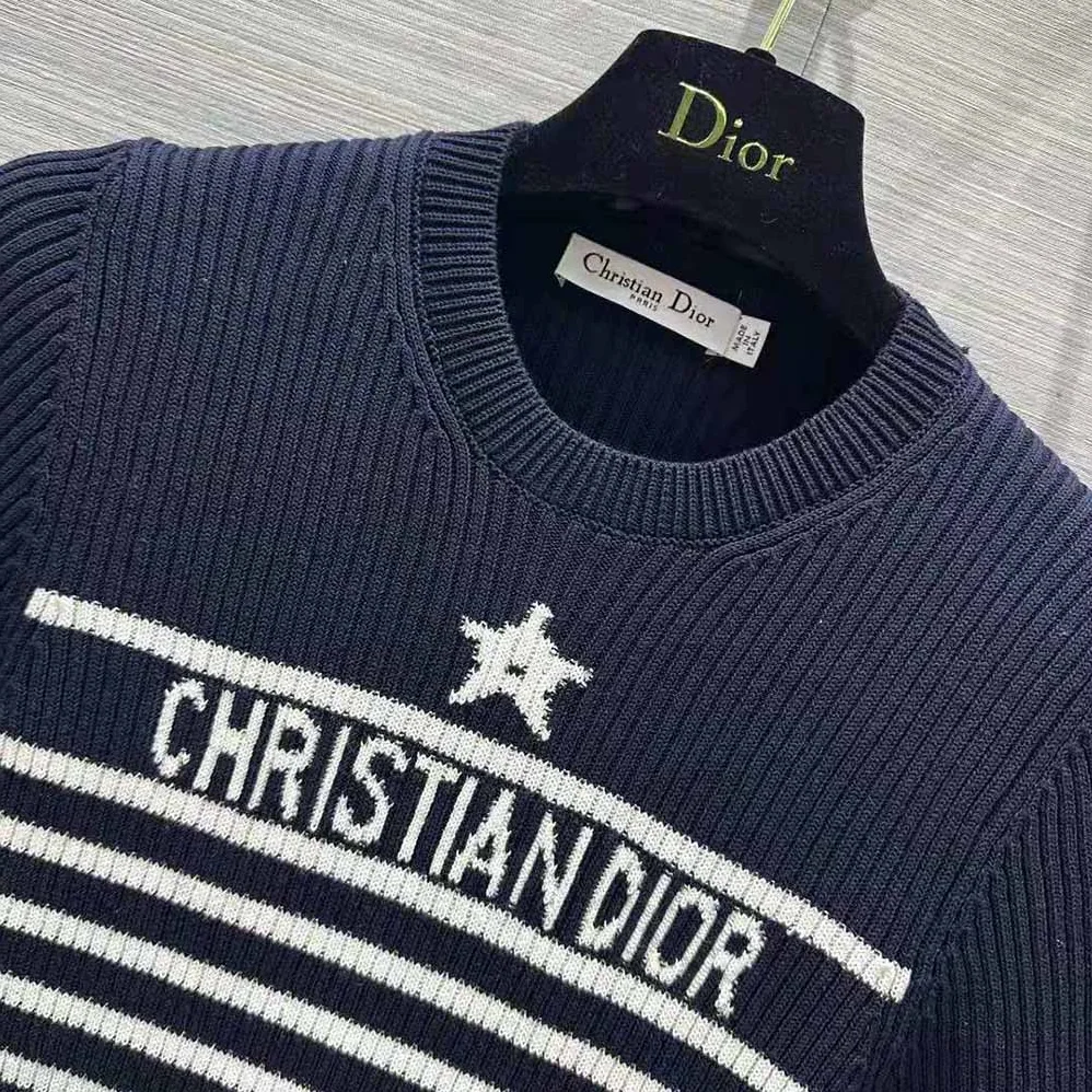 Dior Short-Sleeved Sweater Navy Blue and White Cotton Ribbed Knit with Signature for Women