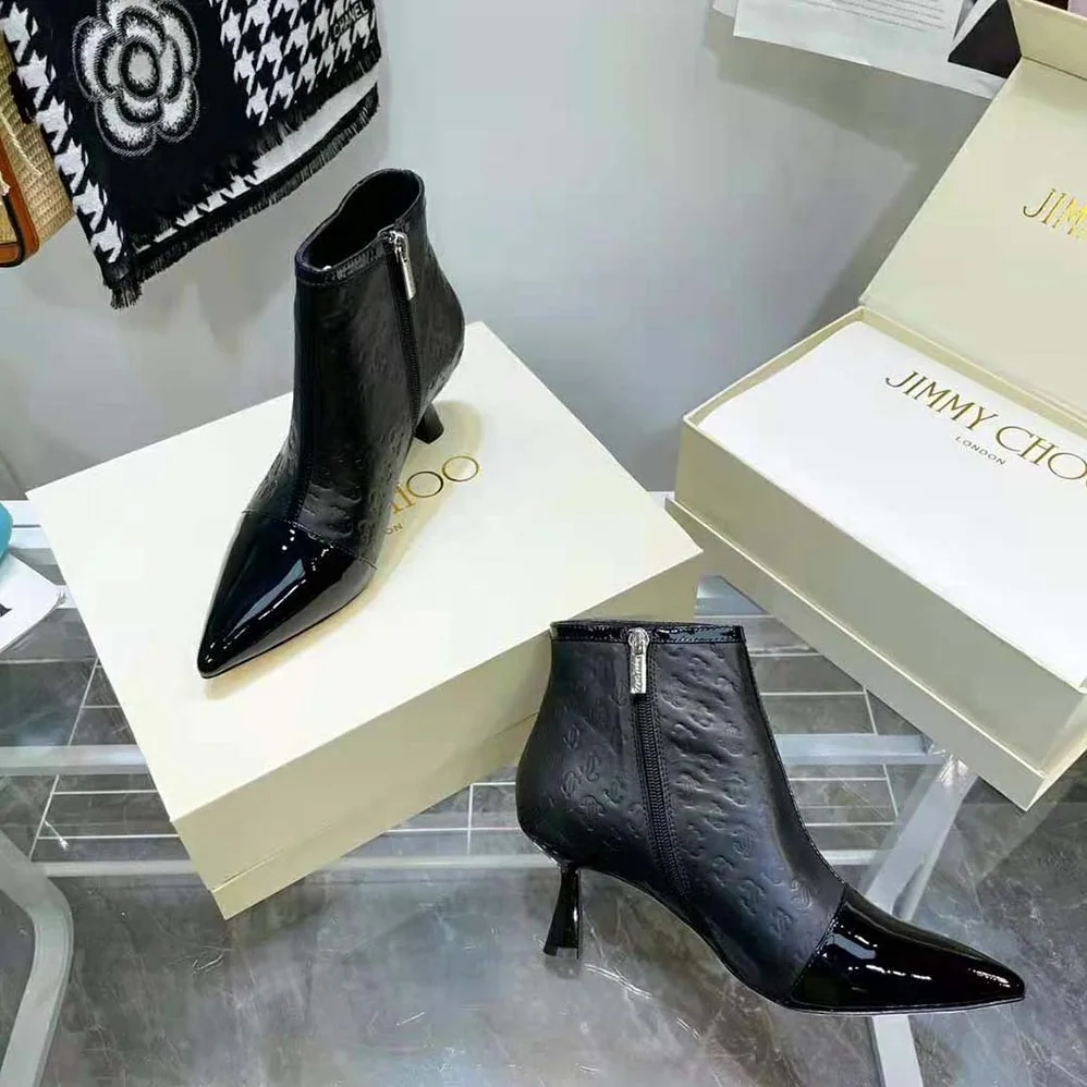 Jimmy Choo Kix/Z 65 Black Patent and JC Monogram Leather Ankle Boots for Women