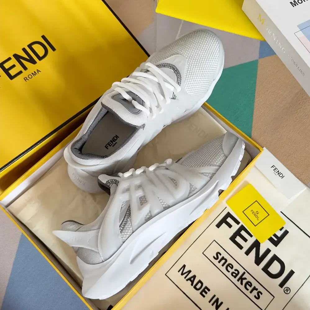 Fendi Tag Sneakers White Technical Mesh Running Sneakers for Men Fendi Tag Sneakers White Technical Mesh Running Sneakers for Men