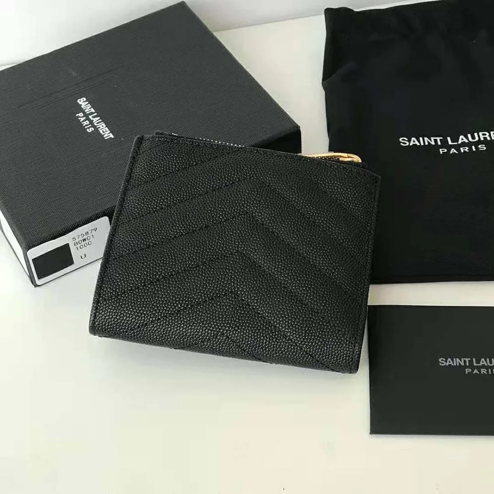 Saint Laurent YSL Monogram Zipped Card Case in Grain DE Poudre Embossed Leather for Women