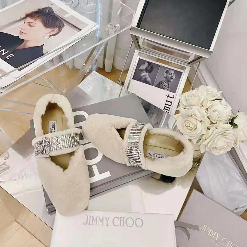 Jimmy Choo Krista Flat Teddy Faux Fur Flats with Crystal for Women in Embellished Strap