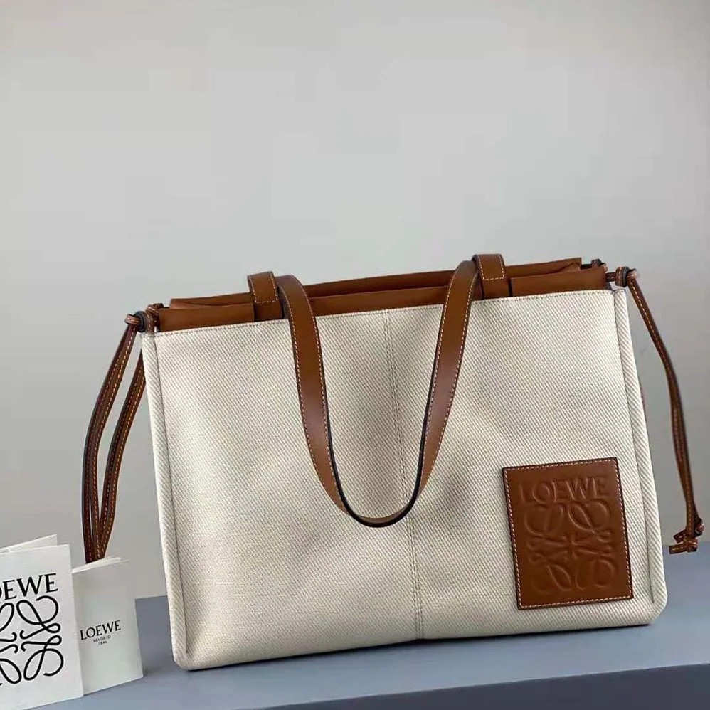 Loewe Cushion Tote Bag in Canvas and Calfskin for Women in Brown