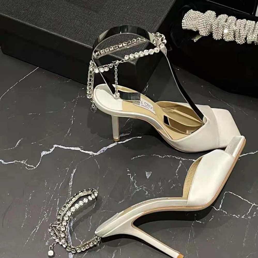 Jimmy Choo Saeda Sandal 100 Ivory Satin Sandals with Crystal Embellishment for Women Jimmy Choo Saeda Sandal 100 Ivory Satin Sandals with Crystal Embellishment for Women