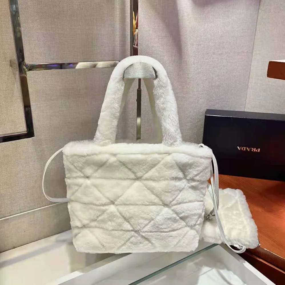 Prada Iconic Triangle Logo Soft Shearling Tote for Women in White Prada Iconic Triangle Logo Soft Shearling Tote for Women in White