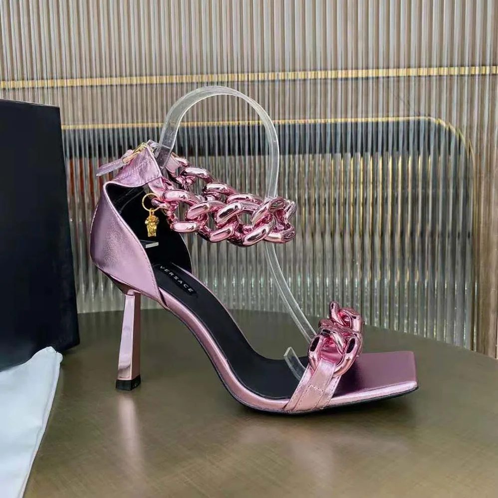 Versace Medusa Chain Suede Sandals in 11cm Heel for Women in Pink Versace Medusa Chain Suede Sandals in 11cm Heel for Women in Pink