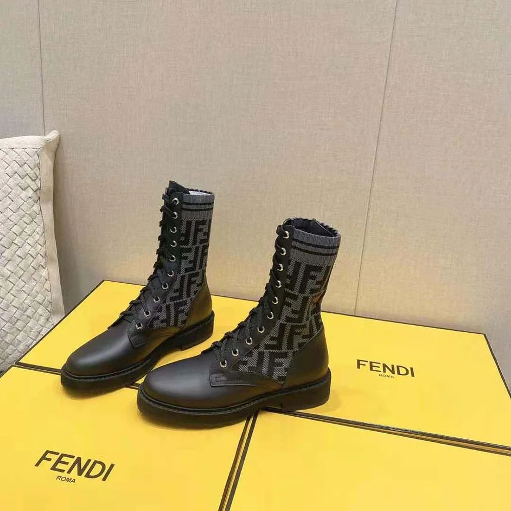Fendi Rockoko Black Leather Biker Boots with Stretch Fabric for Women