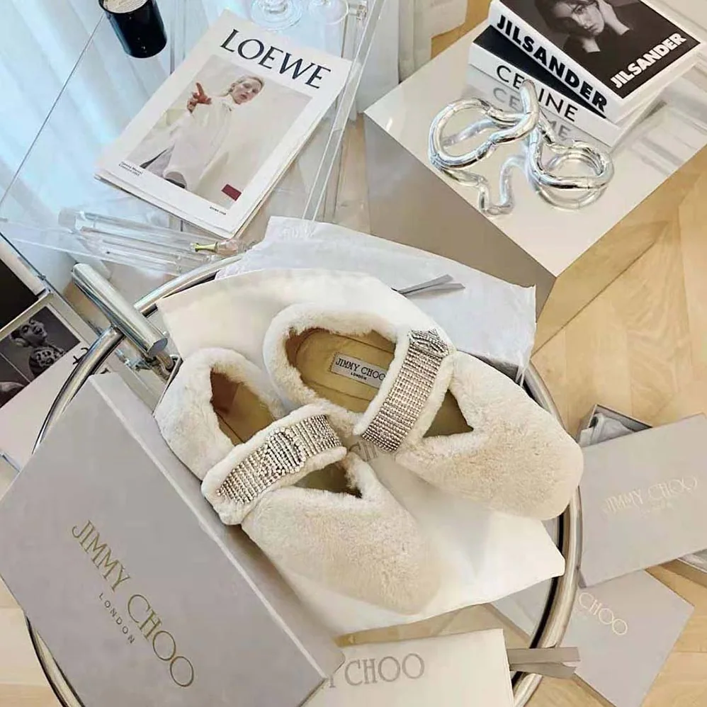 Jimmy Choo Krista Flat Teddy Faux Fur Flats with Crystal for Women in Embellished Strap
