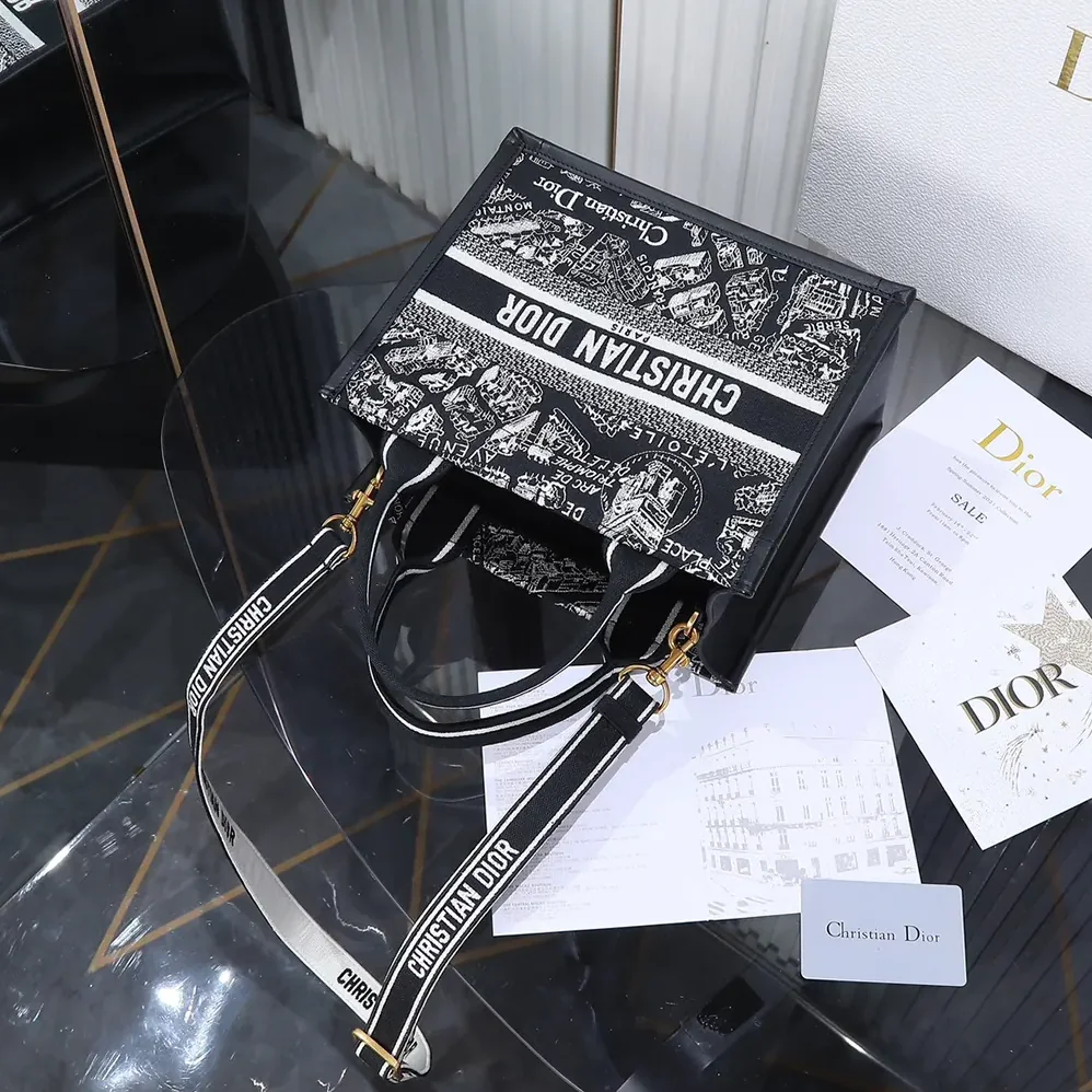 Dior Small Dior Book Tote Black and White Plan de Paris Embroidery with Black Calfskin for Women